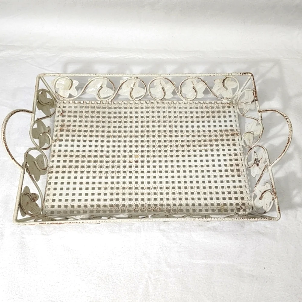 Vintage Style Shabby Chic Metal Footed Tray‎ Basket Like New